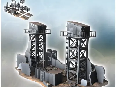 Checkpoint with double watchtowers and ruined buildings 13 3D print model