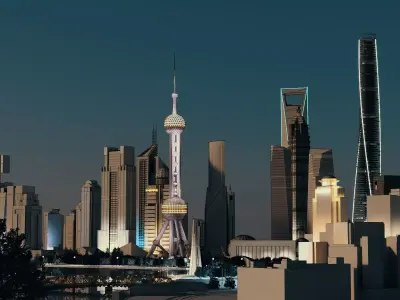 Shanghai Pudong Skyline Night Lujiazui Skyscrapers Low-poly 3D model