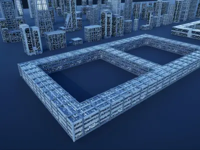 50 City Buildings Scifi Kitbash Set Low-poly 3D model