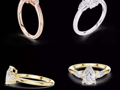 Pear Cut Three Stone Diamond Ring 3DM STL 3D print model