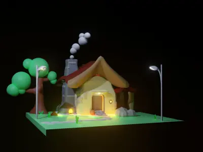 3d minimalist house in the countryside Low-poly 3D model