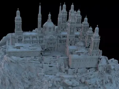 Huge monastery on mountain with bridge 3D model