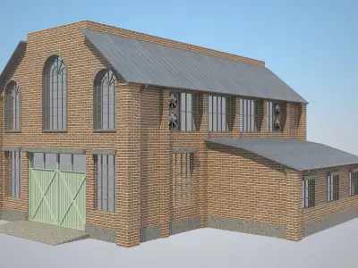 Warehouse 3 brick building with metal roof Low-poly 3D model