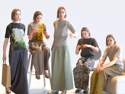 Posed Asian Casual Woman - 5 Pack 2 - C1-F2T 3D model