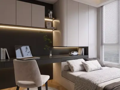Multi-Functional Compact Bedroom  Study 3D Model 3D model