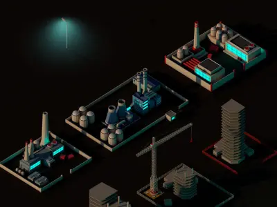 Cartoon Low Poly Night City Buildings Pack Low-poly 3D model