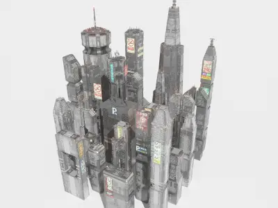 Sci-Fi Cyberpunk Low Poly Building Kit Bash - C4D Octane 3D model