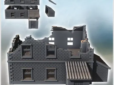 Brick building with two annexes and mansard roof ruined version  3D print model