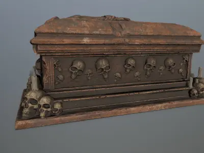 tomb 1 wooden casket with skulls on top Low-poly 3D model