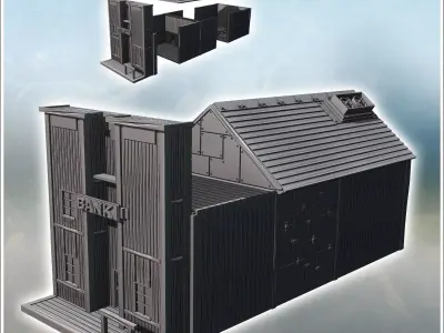 Futuristic western-style bank building with ventilation wood and 3D print model