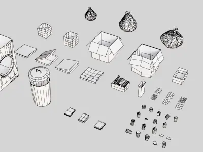 Garbage set trash cans and books on table Low-poly 3D model