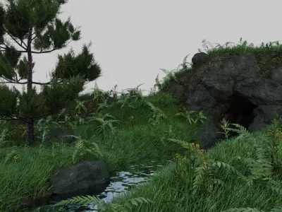Scene grassy area with rocks and trees 3D model