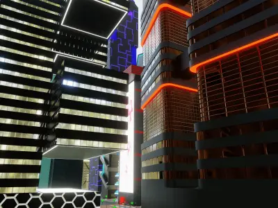 Sci Fi Building City with Roads Lights Screens - Low Poly PBR Low-poly 3D model