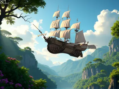  Flying Sailing Ship with Pirate and Treasure Chests 