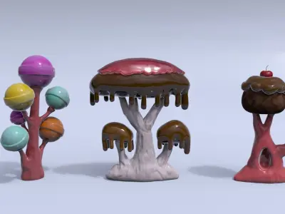 Candy trees cartoon Low-poly 3D model