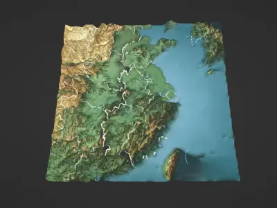 East China Map Topography Low-poly 3D model