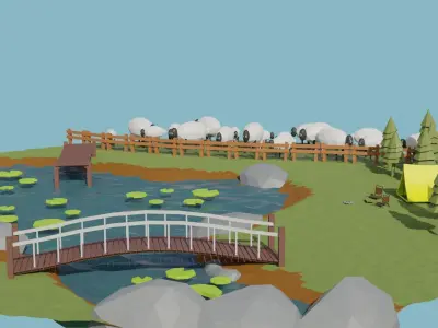 island with bridge and pond 3D model