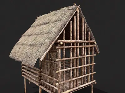 Primitive Wooden Shelter with Thatch Roof 3  Low-poly 3D model