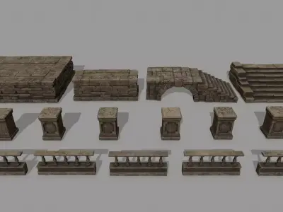 ruin set stone bridge with stairs Low-poly 3D model