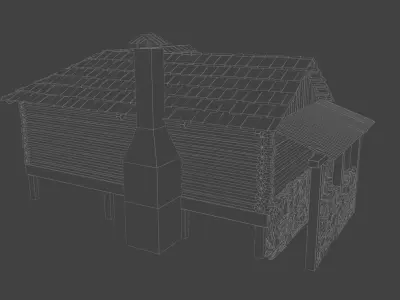 Log cabin and watermill Low-poly 3D model