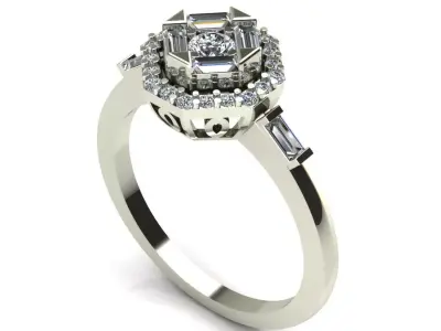 Art Deco Halo Diamond Ring with Baguette Cut 3D print model