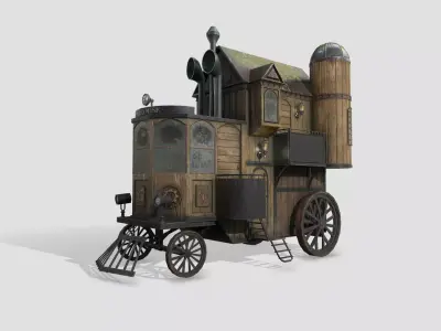 Steampunk house on wheels Low-poly 3D model