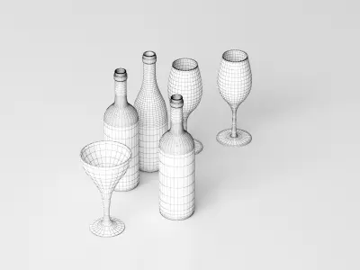 Realistic Wine Bottles and Glasses Free 3D model