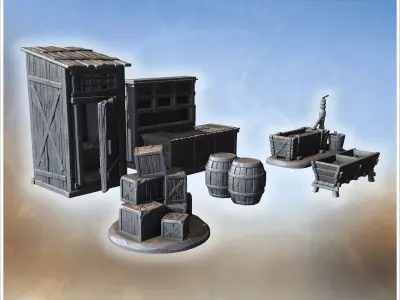 Collection of farm tools and items including crates barrels pump 3D print model