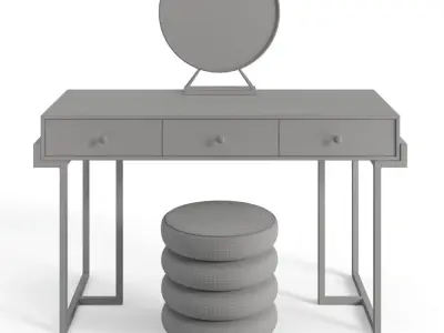 Pink Velvet Upholstered Makeup Vanity Table with Ottoman 3D model