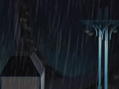 dark street with a shop with fan lamps and rain 3D model