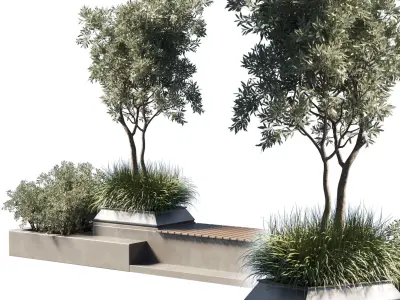 Urban Environment Urban Furniture Green Benches Plants Low-poly 3D model