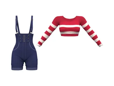 Denim Overalls Shorts and T-Shirt Low-poly 3D model