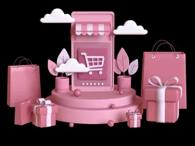 online-store shopping cart and gift boxes 3D model
