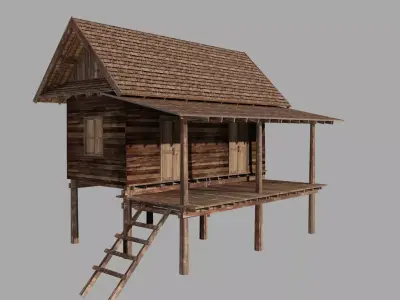 Ancient Thai wooden house Low-poly 3D model