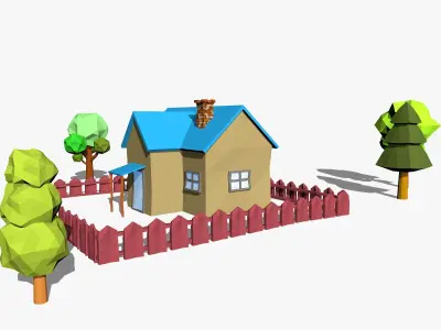 Cartoon Scene with House and Trees 3D model