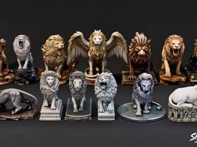 Lion Statues Pack VOL3 Low-poly 3D model