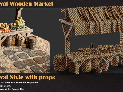Medieval Wooden Market Pack Set 4 With Props 3D model