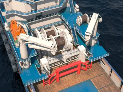  Ocean Support Vessel with Crane and Deck Winch Rigged for Cinema 4D 