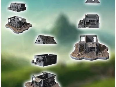 Two-story ruined house with damaged balcony shattered windows an 3D print model