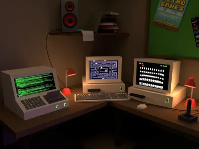 low poly 90S RETRO GAMING AND HACKER ROOM  Free 3D model
