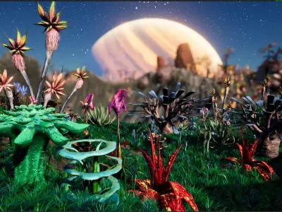 Alien Planet Fantasy Environment - Grassland Plants Low-poly 3D model