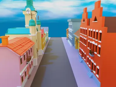 3D model of a cartoon stylized street Low-poly 3D model