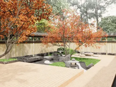 Japanese Zen - style Courtyard Landscape Design 3D model
