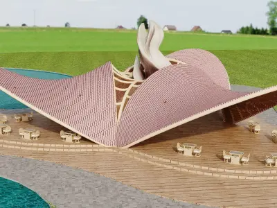 Futuristic Pavilion with Curved Roof and Outdoor Terrace 3D model