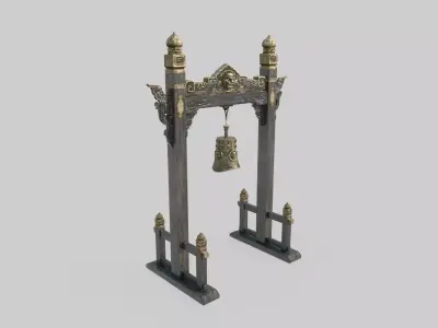 Ancient Asian architectural copper bells and torii gates 3D model