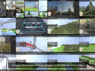 Animated Wind Turbine 250m and Windpark in the Valley Scene 3D Model Pack