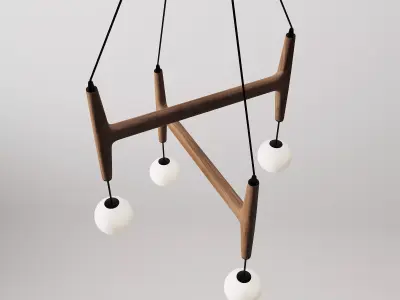 Wooden H Structure 4 Globe Pendant Light Model 3D model