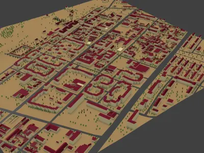 Village low poly city with buildings and trees Low-poly 3D model