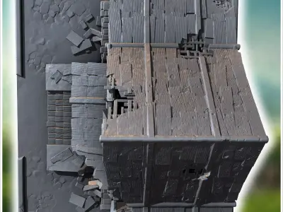 Wooden house with damaged roof broken stairs and scattered debri 3D print model