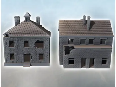 Set of Two Ruined Norman Village Buildings 3 - World War Two Sec 3D print model